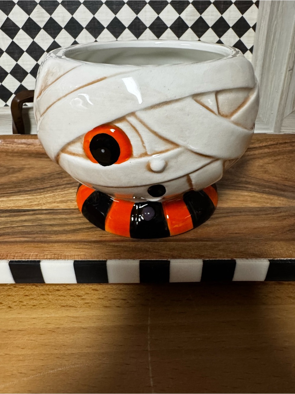Whimsical Johanna Parker Mummy Ceramic Candy Dish in White and Orange